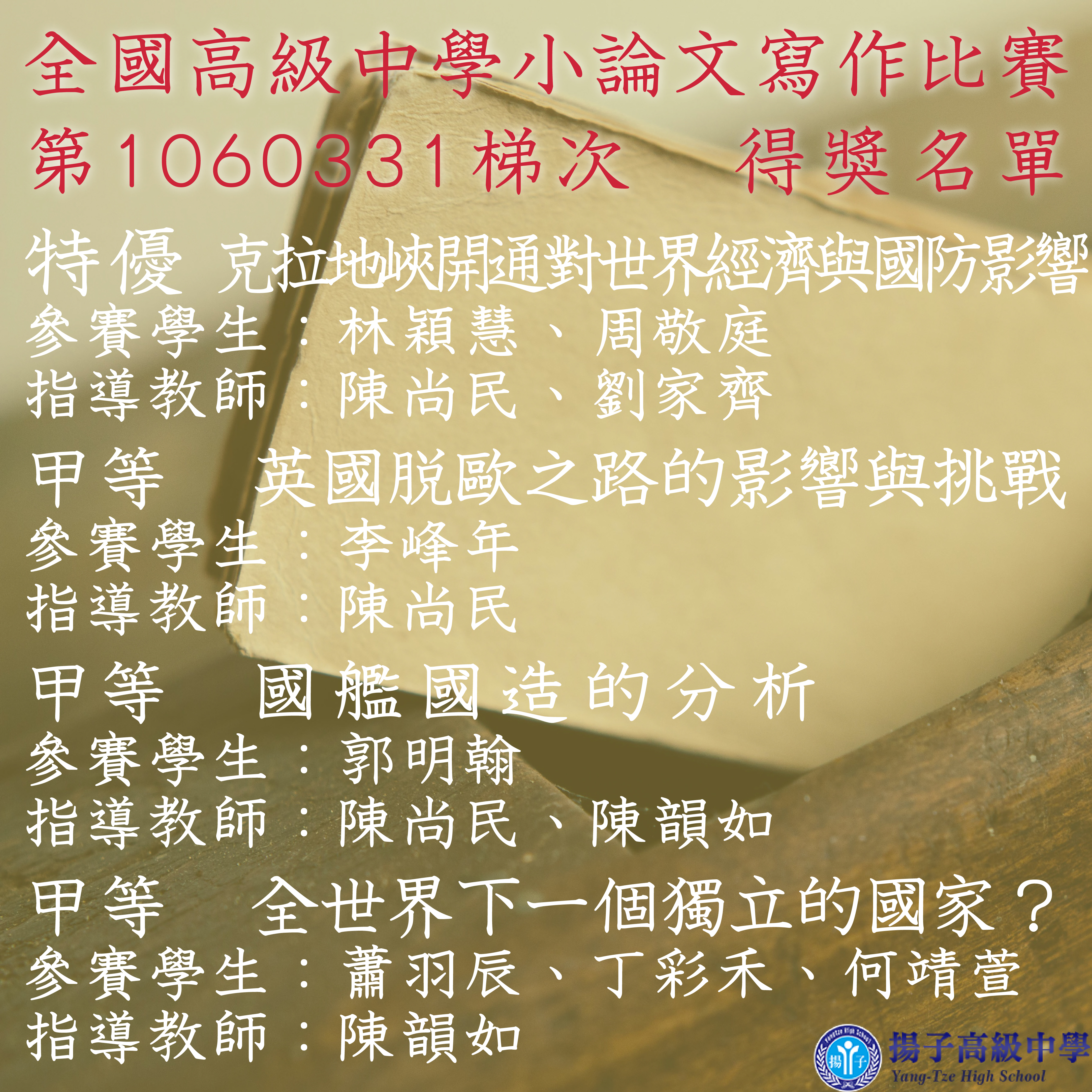 全國高級中學小論文寫作　第1060331梯次　得獎名單